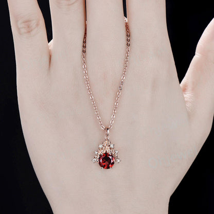 Round cut red garnet necklace leaf cluster diamond antique Pendant women 14k rose gold nature inspired gemstone unique anniversary gift