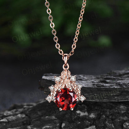 Round cut red garnet necklace leaf cluster diamond antique Pendant women 14k rose gold nature inspired gemstone unique anniversary gift
