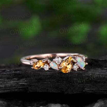 Dainty pear yellow citrine ring vintage Baguette cut opal ring 14k rose gold unique cluster moissanite wedding band anniversary gift