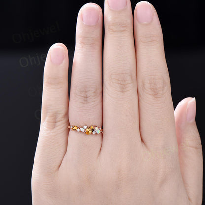 Dainty pear yellow citrine ring vintage Baguette cut opal ring 14k rose gold unique cluster moissanite wedding band anniversary gift