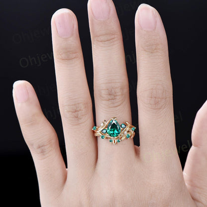 Pear shaped green emerald engagement ring set solid 14k yellow gold leaf branch bridal set vintage Celtic Knot wedding ring band women