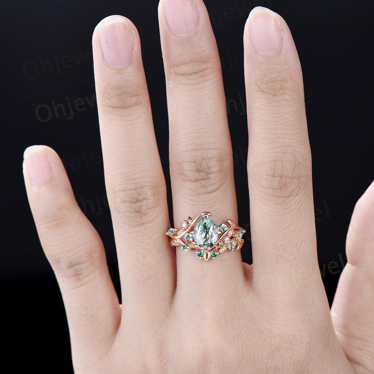 Pear cut green moss agate ring vintage rose gold vine leaf nature inspired engagement ring emerald cluster unique wedding ring set women