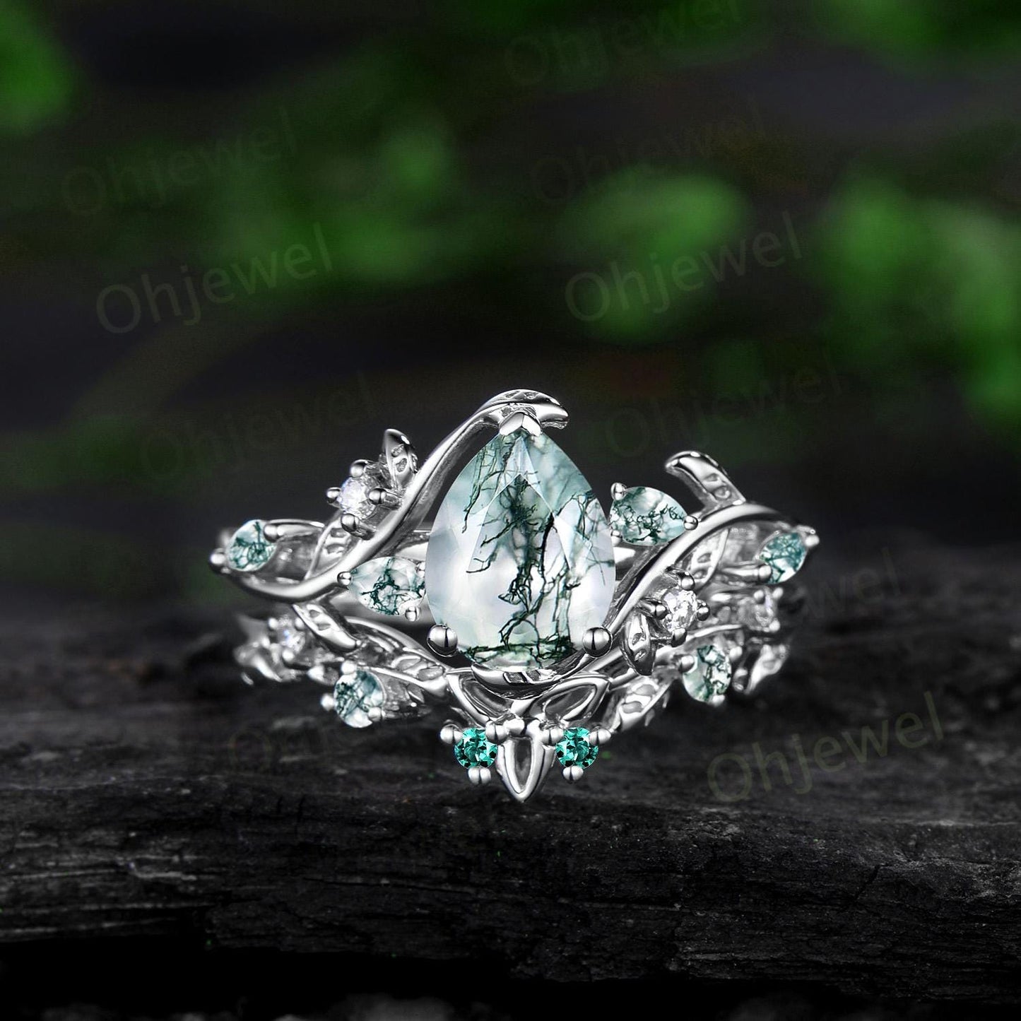 Pear cut green moss agate ring vintage rose gold vine leaf nature inspired engagement ring emerald cluster unique wedding ring set women