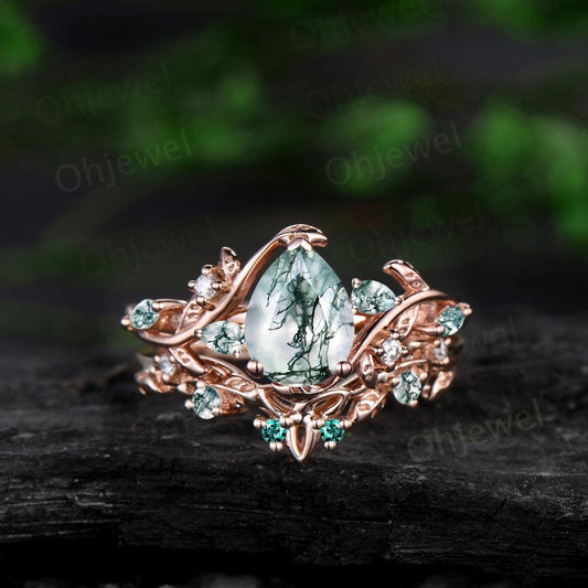 Pear cut green moss agate ring vintage rose gold vine leaf nature inspired engagement ring emerald cluster unique wedding ring set women