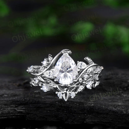 Pear cut moissanite engagement ring set leaf cluster diamond ring rose gold vintage Celtic knot branch unique promise bridal ring set women