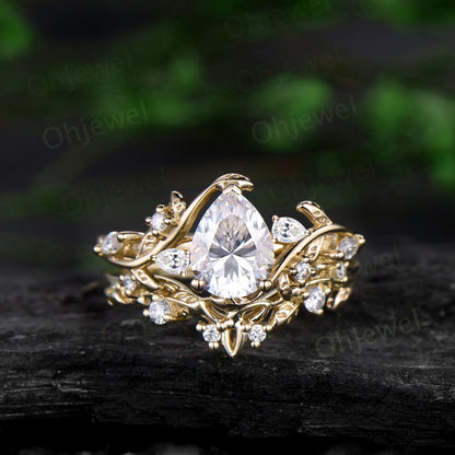 Pear cut moissanite engagement ring set leaf cluster diamond ring rose gold vintage Celtic knot branch unique promise bridal ring set women