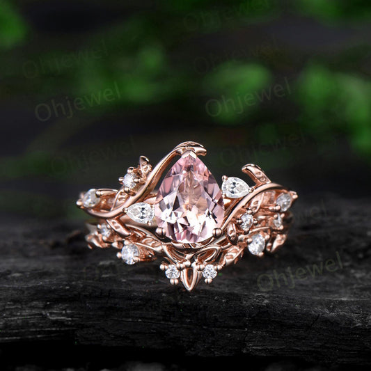 Pear shaped pink morganite engagement ring set leaf cluster diamond ring vintage Celtic knot branch unique promise bridal ring set women