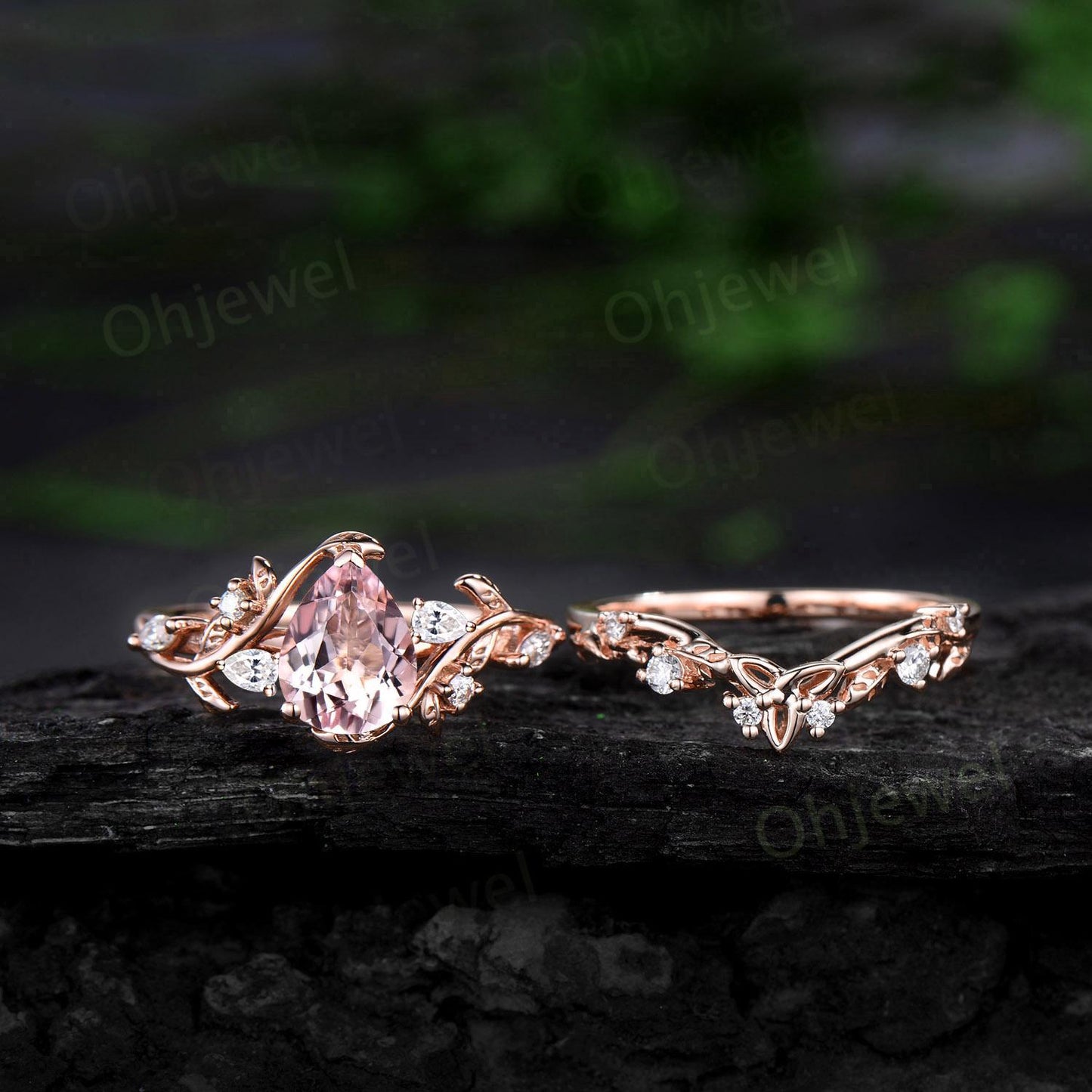 Pear shaped pink morganite engagement ring set leaf cluster diamond ring vintage Celtic knot branch unique promise bridal ring set women