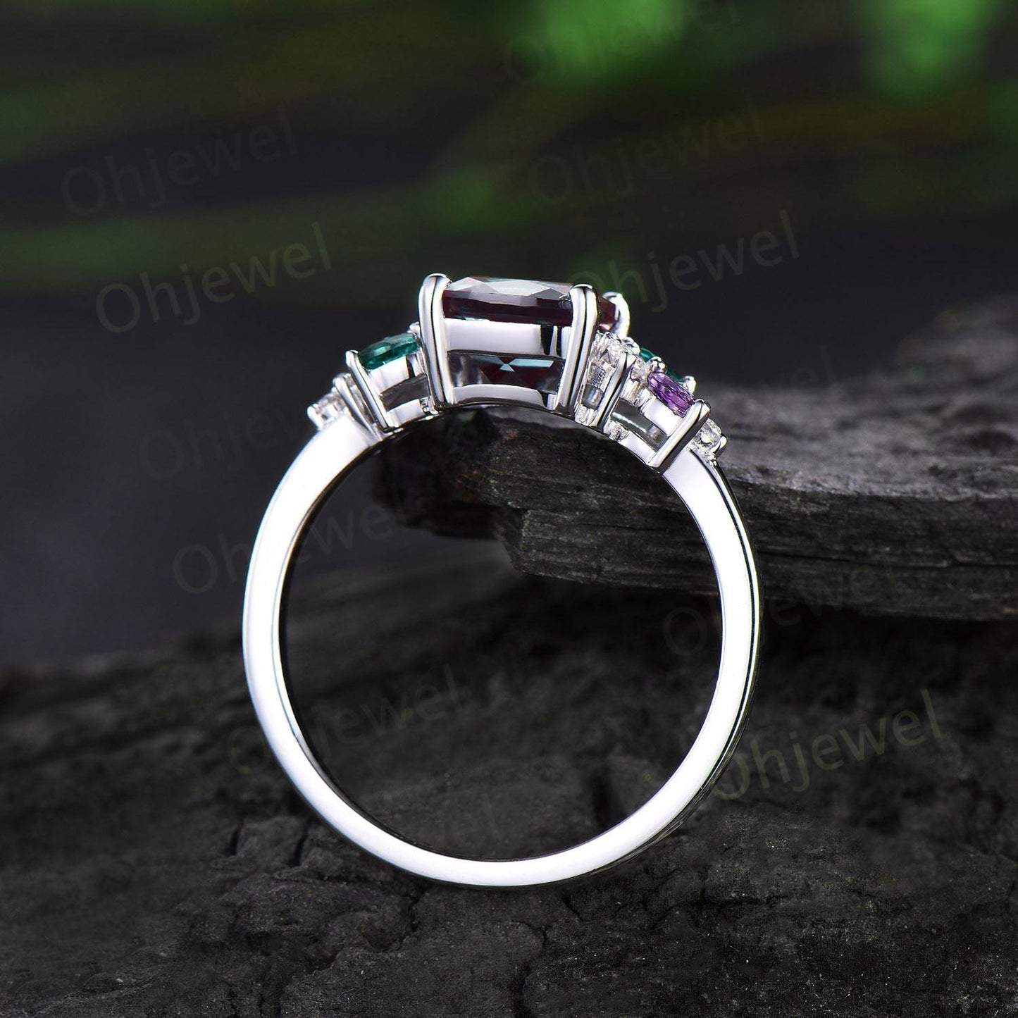 Vintage cushion cut alexandrite engagement ring white gold cluster snowdrift diamond emerald amethyst ring women unique bridal ring gift