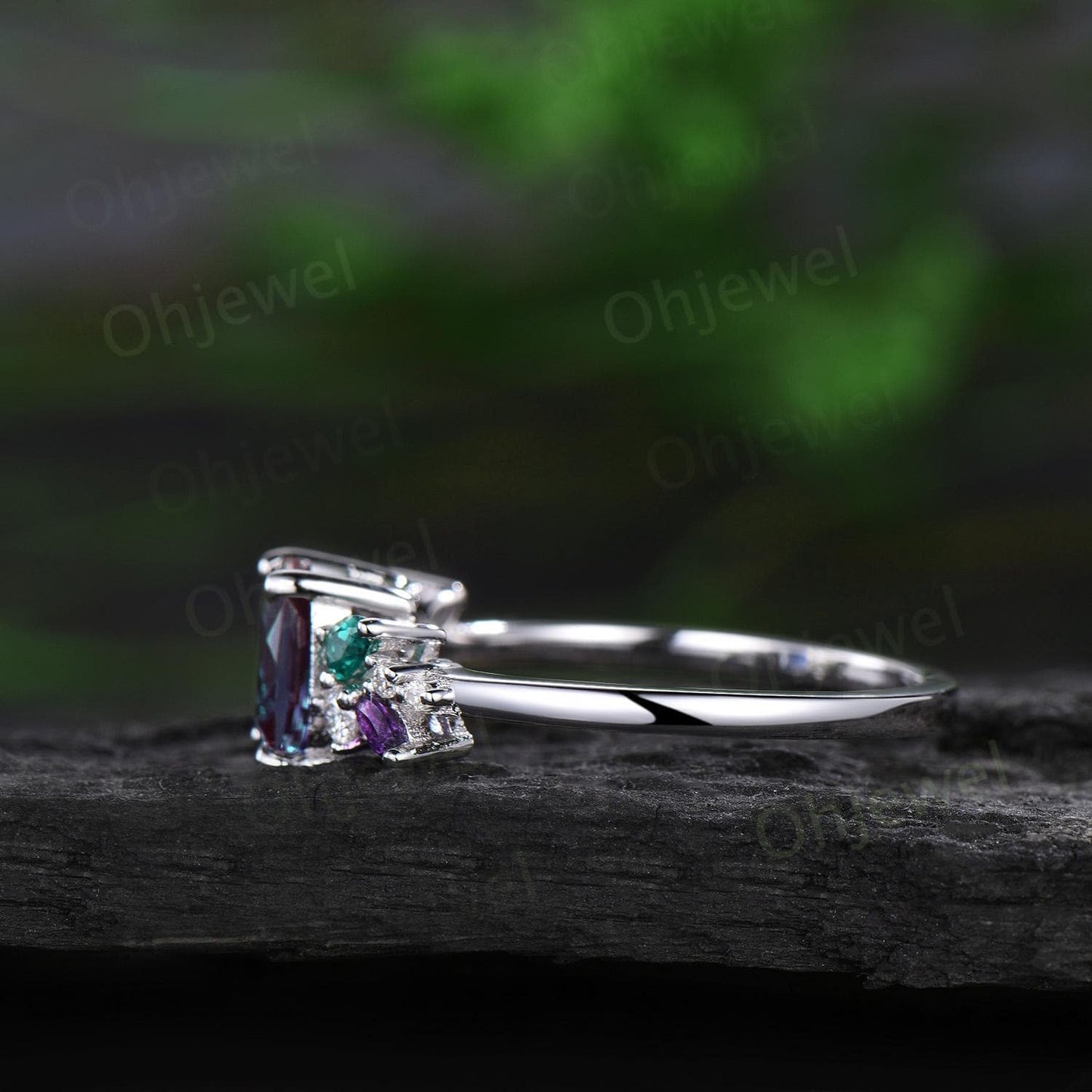 Vintage cushion cut alexandrite engagement ring white gold cluster snowdrift diamond emerald amethyst ring women unique bridal ring gift