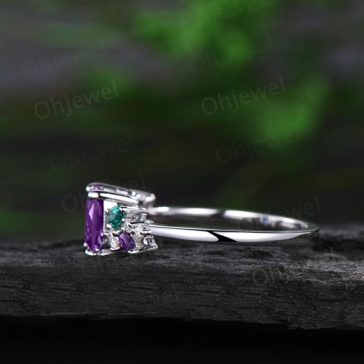 Vintage cushion cut purple amethyst engagement ring white gold cluster snowdrift diamond emerald amethyst ring women unique bridal ring gift