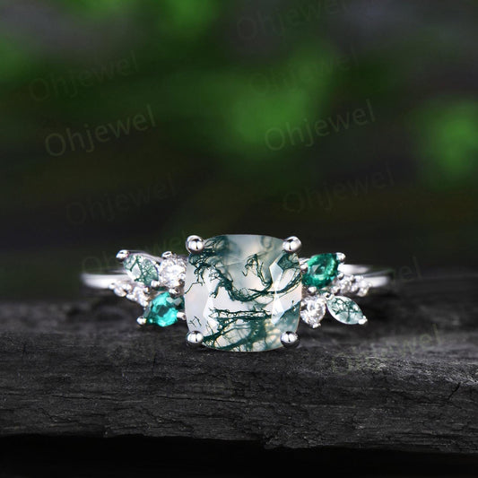 Cushion cut green moss agate engagement ring 14k white gold cluster snowdrift diamond ring women unique emerald anniversary ring gift