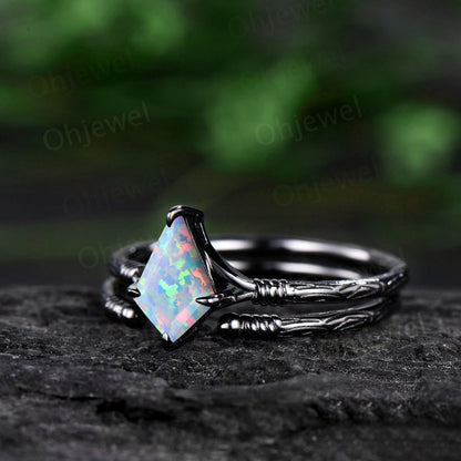 Kite cut white opal ring vintage 14k black gold etched wood art deco solitaire unique engagement ring set women antique anniversary gift