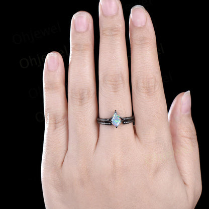 Kite cut white opal ring vintage 14k black gold etched wood art deco solitaire unique engagement ring set women antique anniversary gift