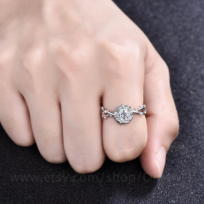 Round cut moissanite ring vintage 14k white gold twig infinity halo leaf engagement ring women unique wedding bridal diamond ring jewelry