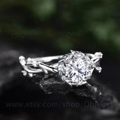 Round cut moissanite ring vintage 14k white gold twig infinity halo leaf engagement ring women unique wedding bridal diamond ring jewelry