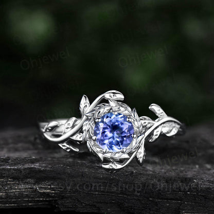 Round cut Tanzanite engagement ring vintage solitaire white gold twig leaf halo wedding ring women branch unique anniversary gift jewelry