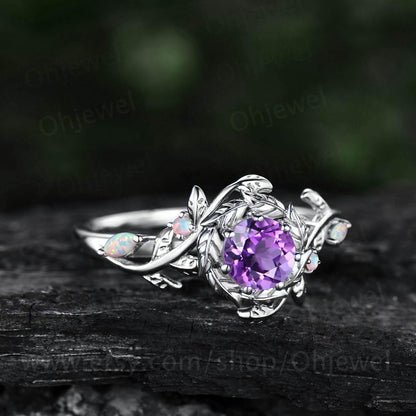 Vintage round cut amethyst engagement ring halo leaf white gold opal ring women twig branch promise wedding ring jewelry gift for her