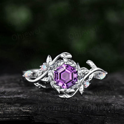 Vintage hexagon cut amethyst engagement ring halo leaf white gold opal ring women twig branch promise wedding ring jewelry gift for her