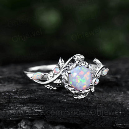 Vintage hexagon opal engagement ring halo leaf white gold opal ring women twig branch promise wedding ring jewelry gift for her