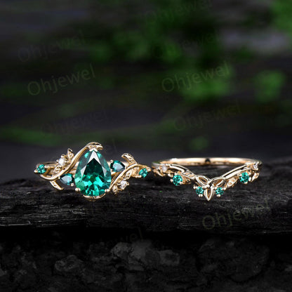 Pear shaped green emerald engagement ring set solid 14k yellow gold leaf branch bridal set vintage Celtic Knot wedding ring band women