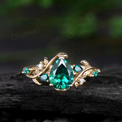 Pear shaped green emerald engagement ring set solid 14k yellow gold leaf branch bridal set vintage Celtic Knot wedding ring band women