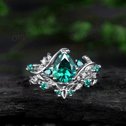 Pear shaped green emerald engagement ring set solid 14k yellow gold leaf branch bridal set vintage Celtic Knot wedding ring band women
