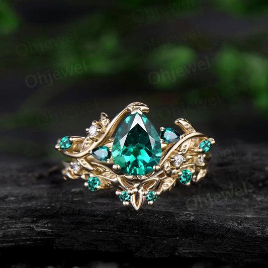 Pear shaped green emerald engagement ring set solid 14k yellow gold leaf branch bridal set vintage Celtic Knot wedding ring band women