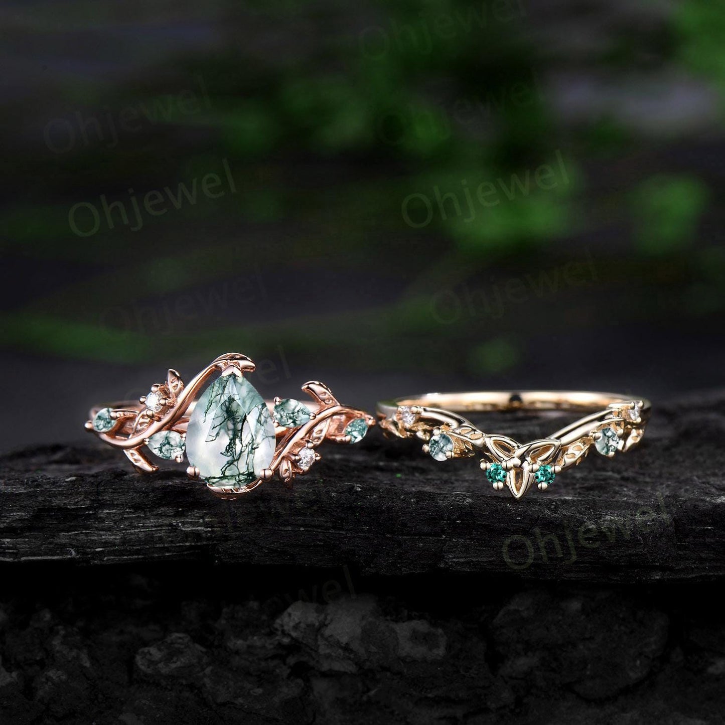 Pear cut green moss agate ring vintage rose gold vine leaf nature inspired engagement ring emerald cluster unique wedding ring set women