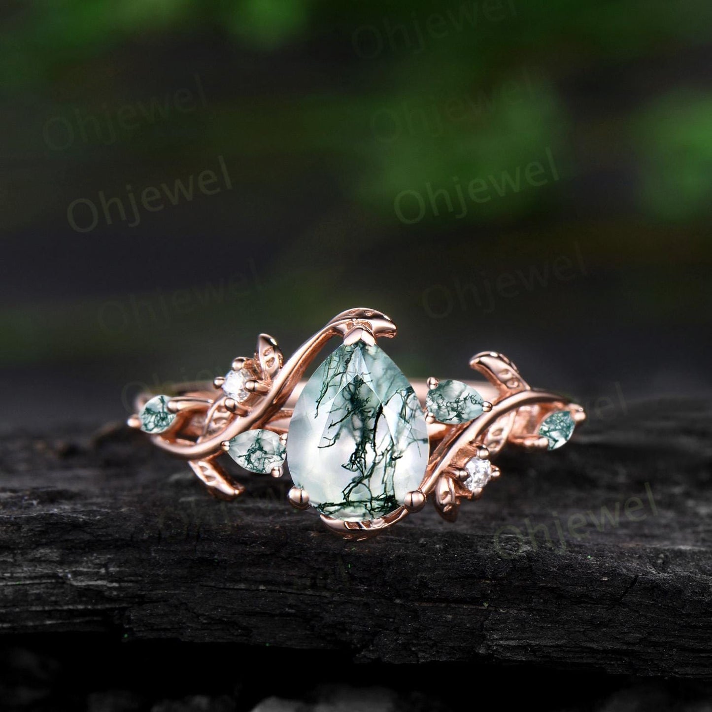 Pear cut green moss agate ring vintage rose gold vine leaf nature inspired engagement ring emerald cluster unique wedding ring set women
