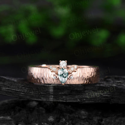 Pear moss agate mens wedding band vintage hammered bat moon diamond unique mens wedding ring stacking solid 14k rose gold gift for husband