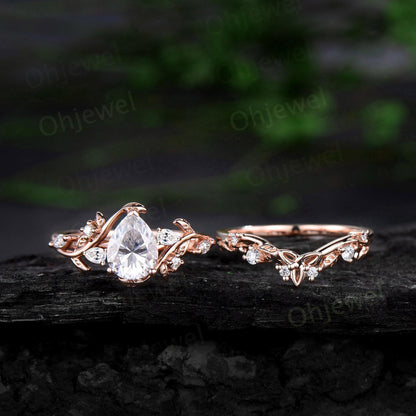 Pear cut moissanite engagement ring set leaf cluster diamond ring rose gold vintage Celtic knot branch unique promise bridal ring set women