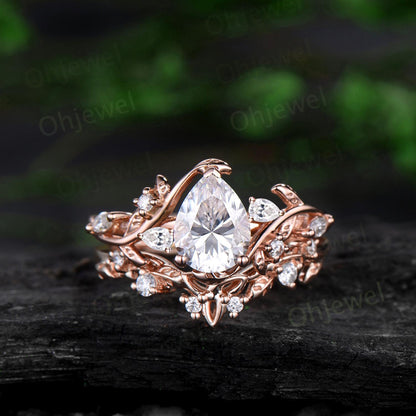 Pear cut moissanite engagement ring set leaf cluster diamond ring rose gold vintage Celtic knot branch unique promise bridal ring set women