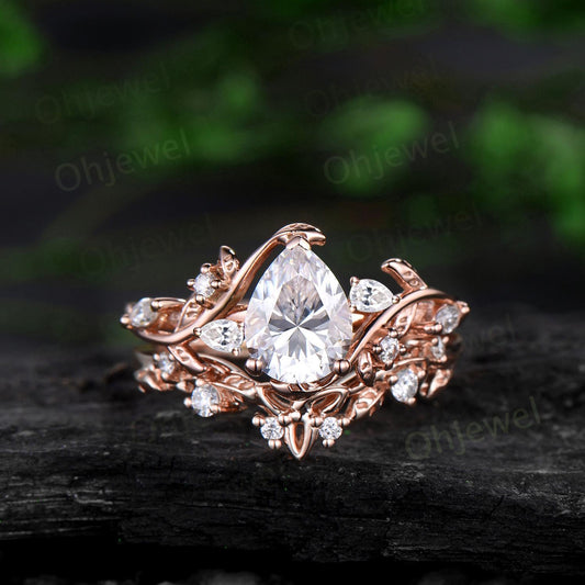 Pear cut moissanite engagement ring set leaf cluster diamond ring rose gold vintage Celtic knot branch unique promise bridal ring set women