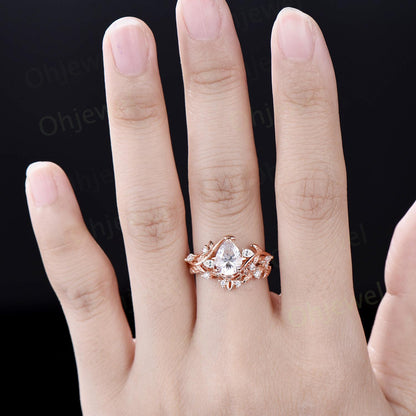Pear cut moissanite engagement ring set leaf cluster diamond ring rose gold vintage Celtic knot branch unique promise bridal ring set women