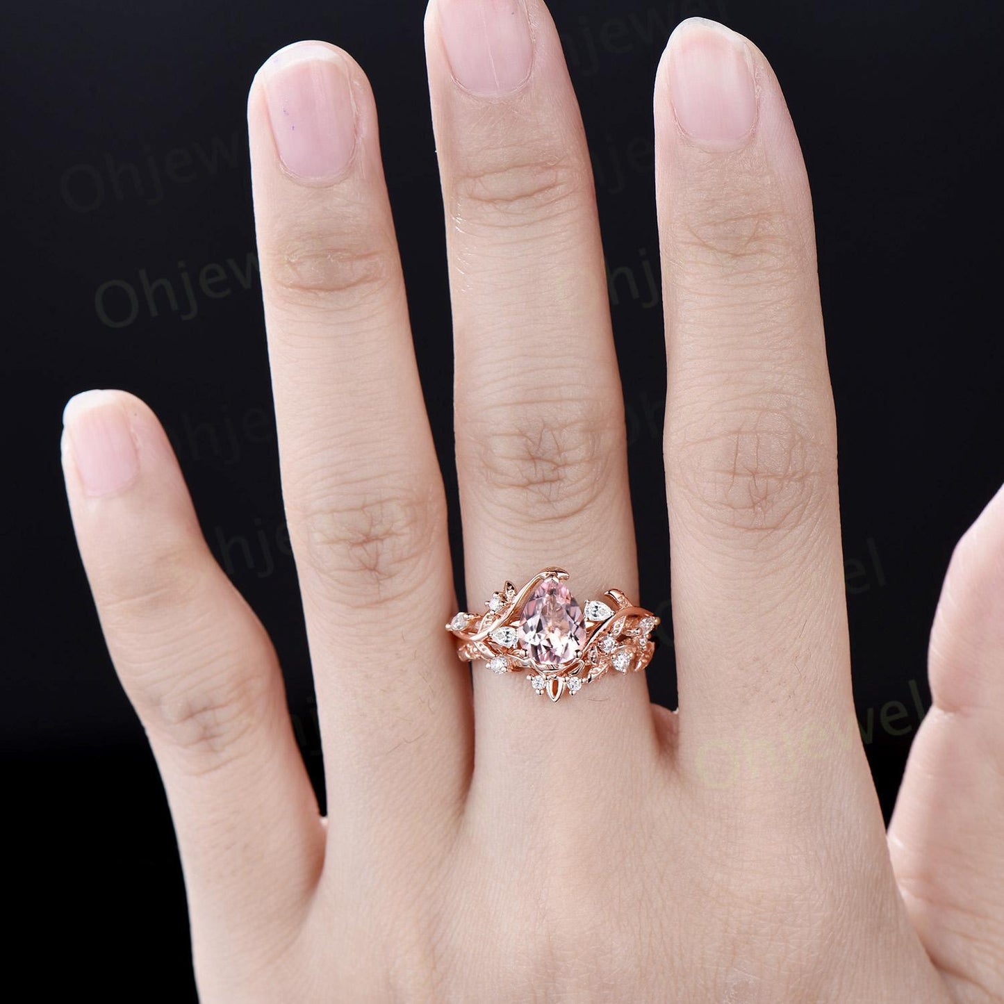 Pear shaped pink morganite engagement ring set leaf cluster diamond ring vintage Celtic knot branch unique promise bridal ring set women