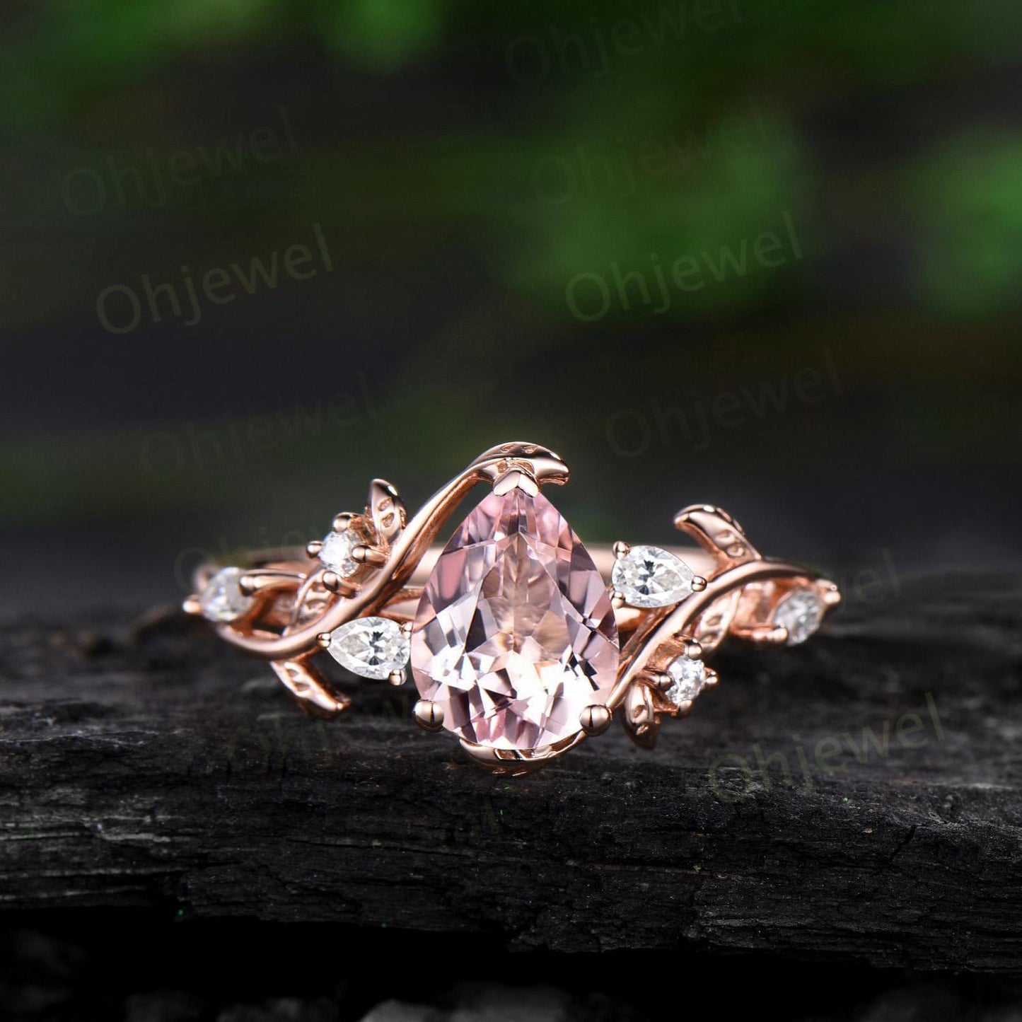 Pear shaped pink morganite engagement ring set leaf cluster diamond ring vintage Celtic knot branch unique promise bridal ring set women