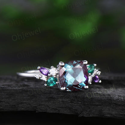 Vintage cushion cut alexandrite engagement ring white gold cluster snowdrift diamond emerald amethyst ring women unique bridal ring gift
