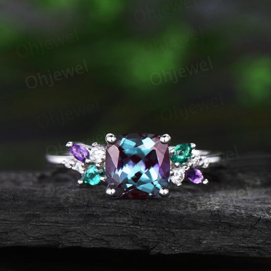 Vintage cushion cut alexandrite engagement ring white gold cluster snowdrift diamond emerald amethyst ring women unique bridal ring gift