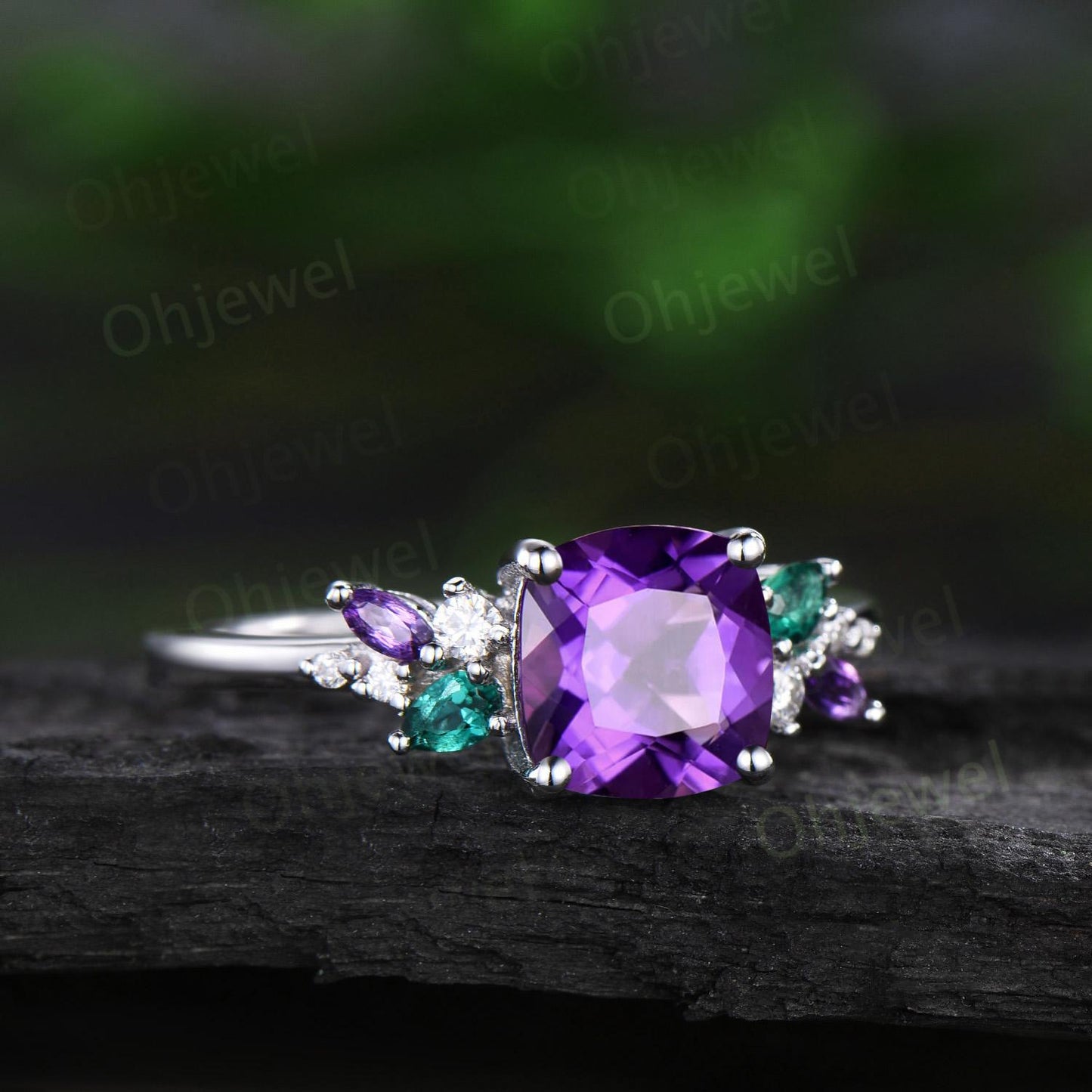 Vintage cushion cut purple amethyst engagement ring white gold cluster snowdrift diamond emerald amethyst ring women unique bridal ring gift