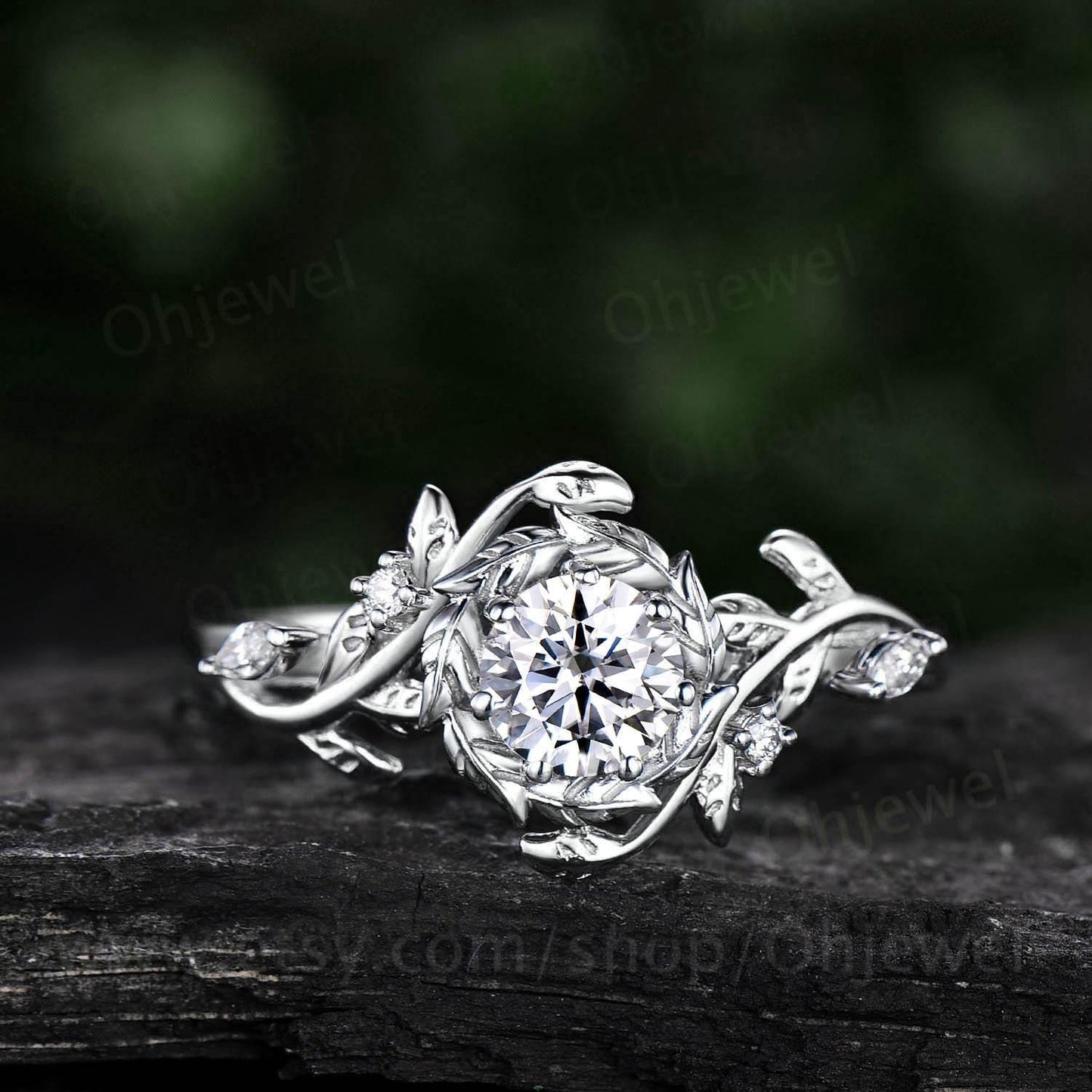 Vintage round cut moissanite engagement ring halo leaf 14k white gold diamond ring women twig branch promise wedding ring jewelry gift her