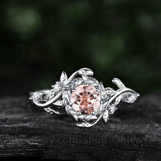 Vintage round cut morganite engagement ring halo leaf 14k white gold diamond ring women twig branch promise wedding ring jewelry