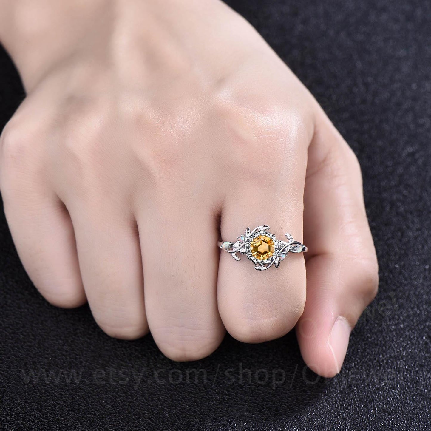 Hexagon cut yellow citrine engagement ring halo leaf 14k white gold opal ring women twig branch anniversary gift crystal ring jewelry gift