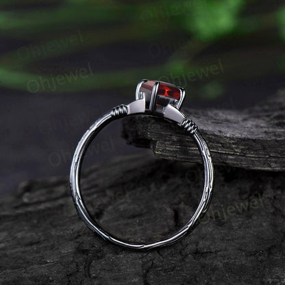 Vintage kite cut red ruby engagement ring set 14k black gold etched wood Solitaire ring retro rope wrapping wedding bridal ring set women