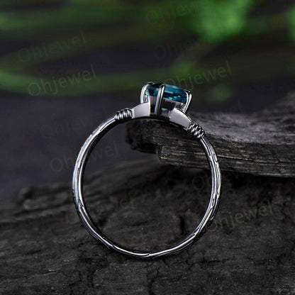 Vintage kite cut alexandrite engagement ring set 14k black gold etched wood Solitaire ring retro rope wrapping wedding bridal ring set women