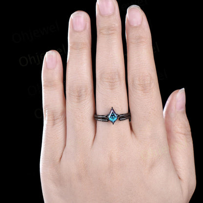 Vintage kite cut alexandrite engagement ring set 14k black gold etched wood Solitaire ring retro rope wrapping wedding bridal ring set women