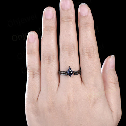 Kite cut blue sandstone ring vintage 14k black gold etched wood art deco solitaire unique engagement ring set women antique anniversary gift