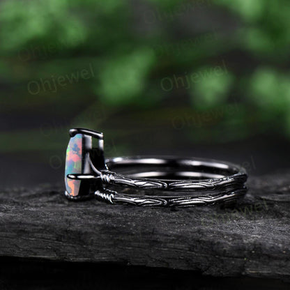 Kite cut white opal ring vintage 14k black gold etched wood art deco solitaire unique engagement ring set women antique anniversary gift