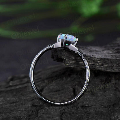 Kite cut white opal ring vintage 14k black gold etched wood art deco solitaire unique engagement ring set women antique anniversary gift