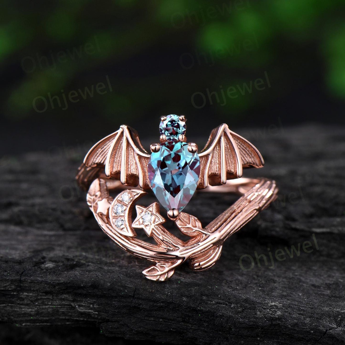 Pear shaped Alexandrite ring vintage rose gold moon bat engagement ring 14k rose gold retro leaf star diamond wedding ring women jewelry